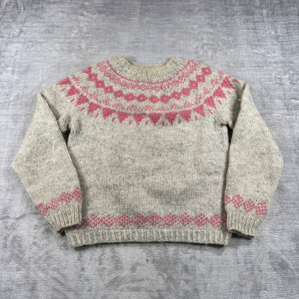 Hand Knit Wool Sweater Women Medium Grey Vintage 90s Fair Isle Yoke Nordic Ski
